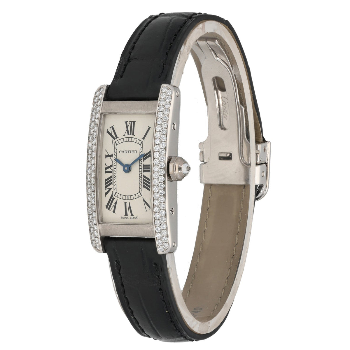 Cartier Tank Americaine WB701851, with cream dial and Roman numerals, with a diamond set bezel and black leather bracelet