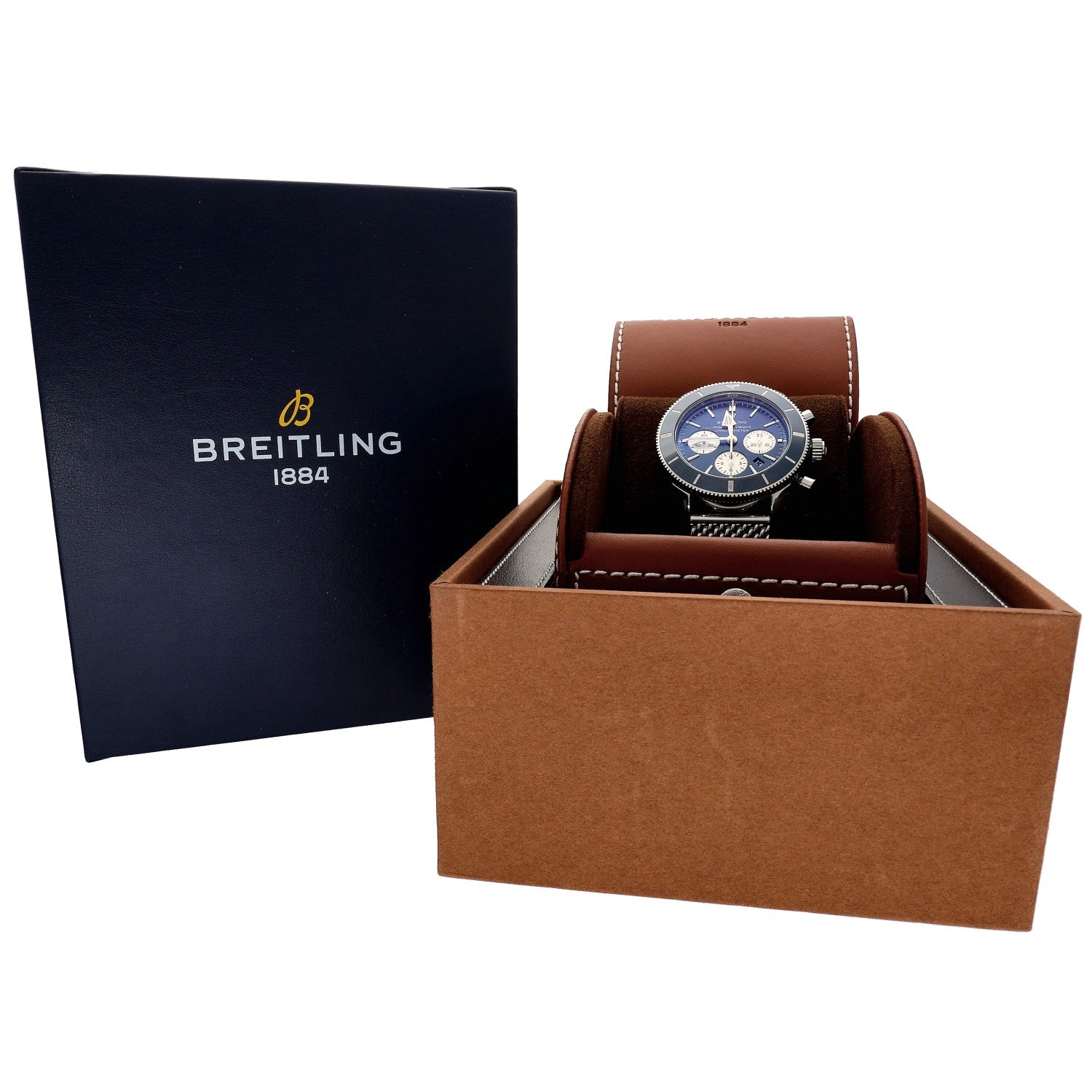 Breitling Superocean Heritage B01 AB0162 Blue-dial stainless watch with brown leather strap, in presentation box