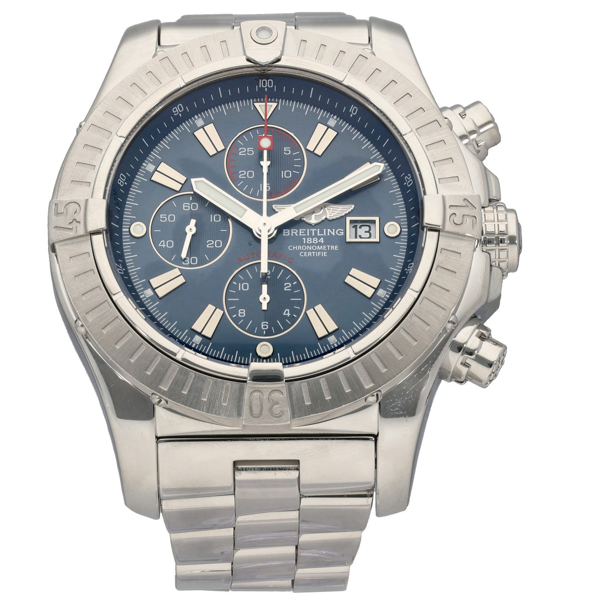 Breitling Super Avenger a13370 stainless steel chronograph wristwatch with blue dial and date window
