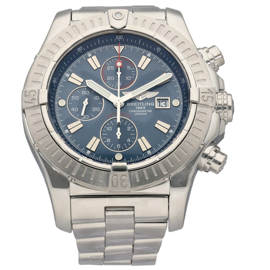 Breitling Super Avenger a13370 stainless steel chronograph wristwatch with blue dial and date window