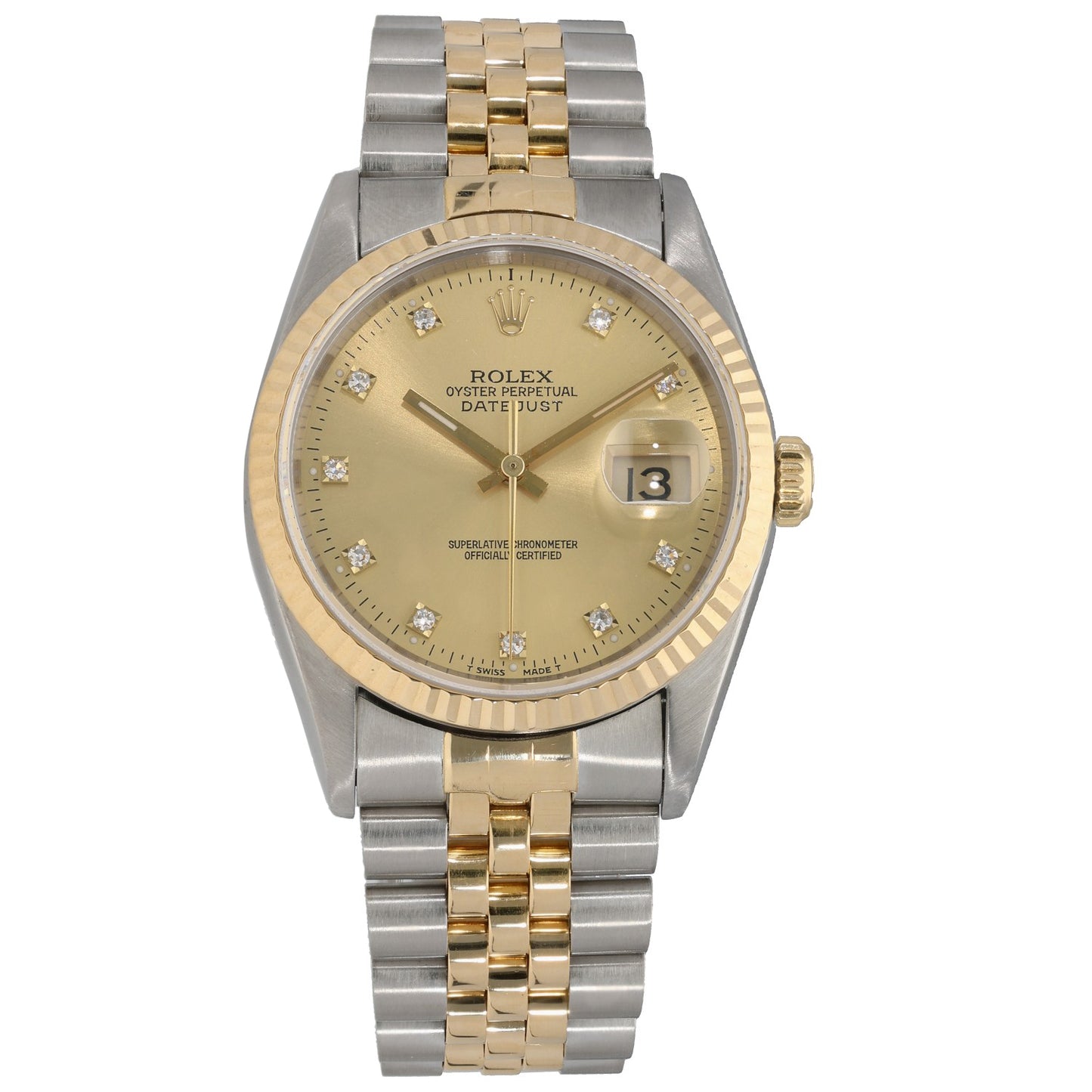 Rolex Datejust 16233 watch with champagne dial, gold-and-steel jubilee bracelet, date window