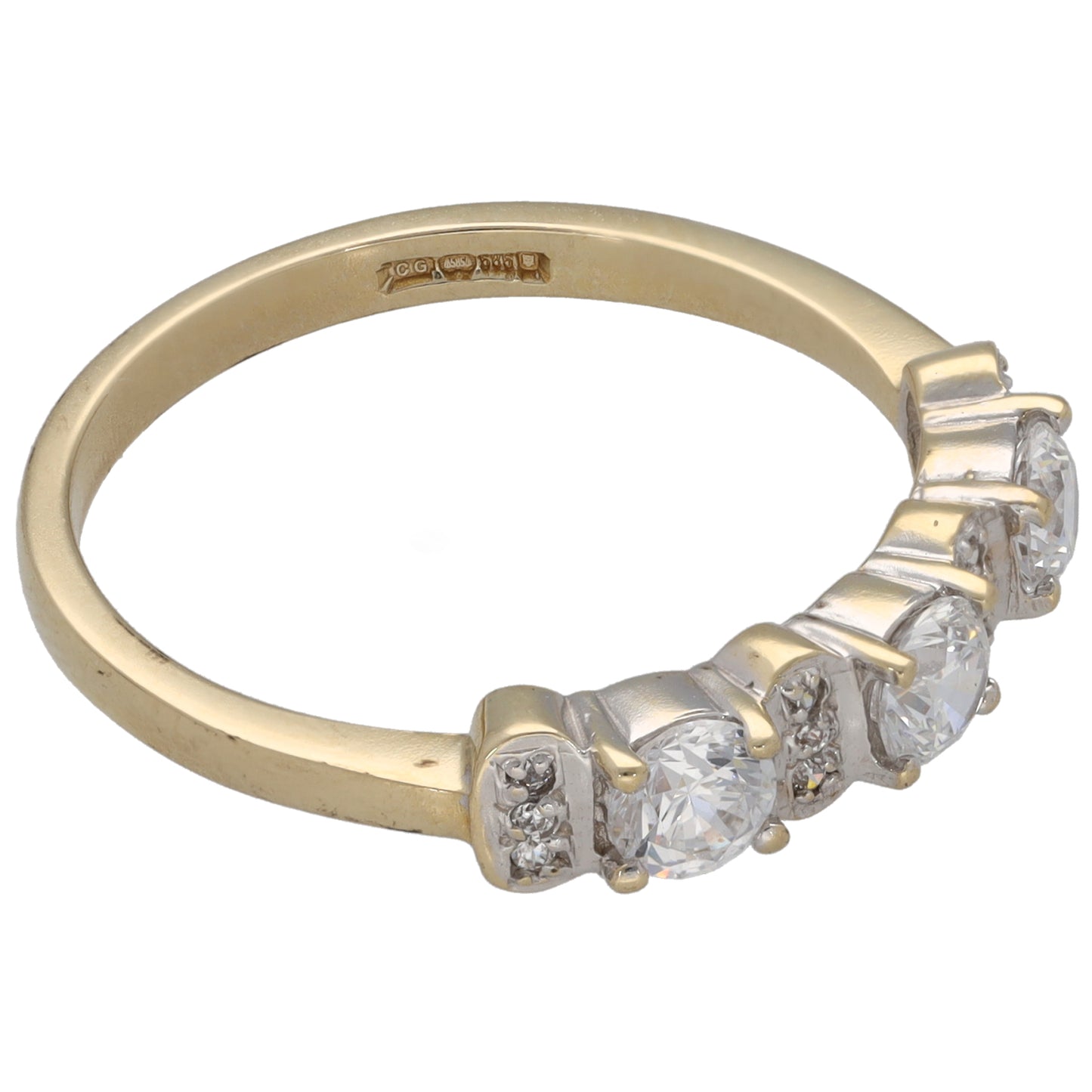 Gold CZ half eternity ring with round stones on side, engraved inner band