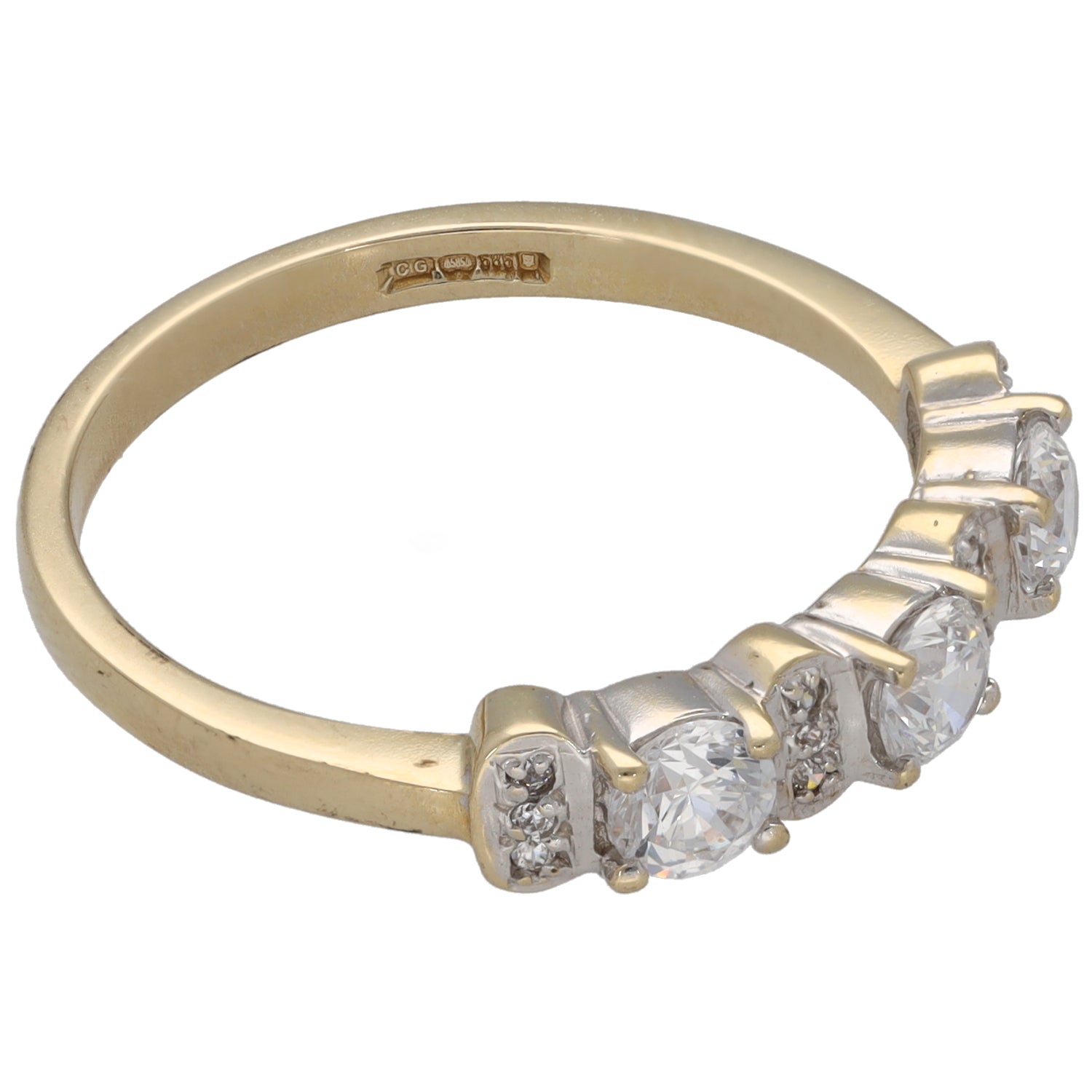 Gold CZ half eternity ring with round stones on side, engraved inner band