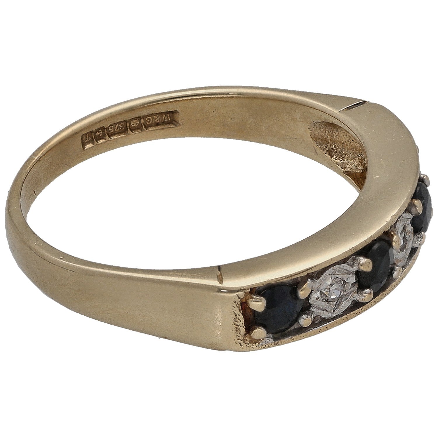 9ct gold half eternity ring side view with dark sapphire and round diamonds; inner hallmark