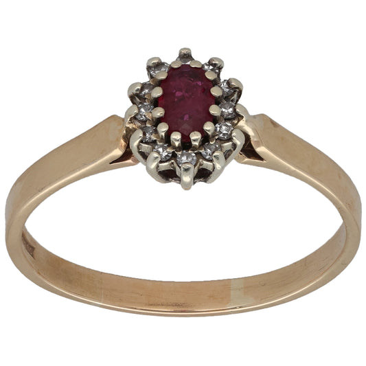 9ct Gold Ruby & 0.06ct Diamond Cluster Ring Size Q
