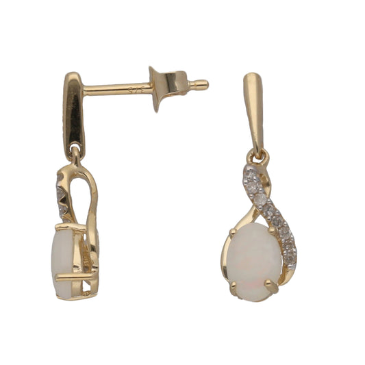 New 9ct Gold 0.05ct Diamond & Opal Drop Earrings