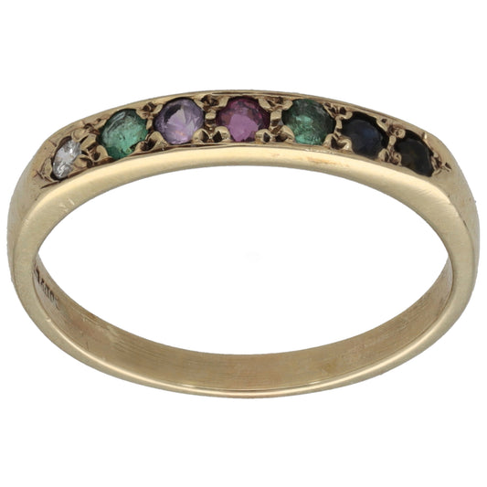 9ct Gold 0.02ct Diamond, Emerald, Amethyst, Ruby, Sapphire & Tourmaline Half Eternity Ring Size N