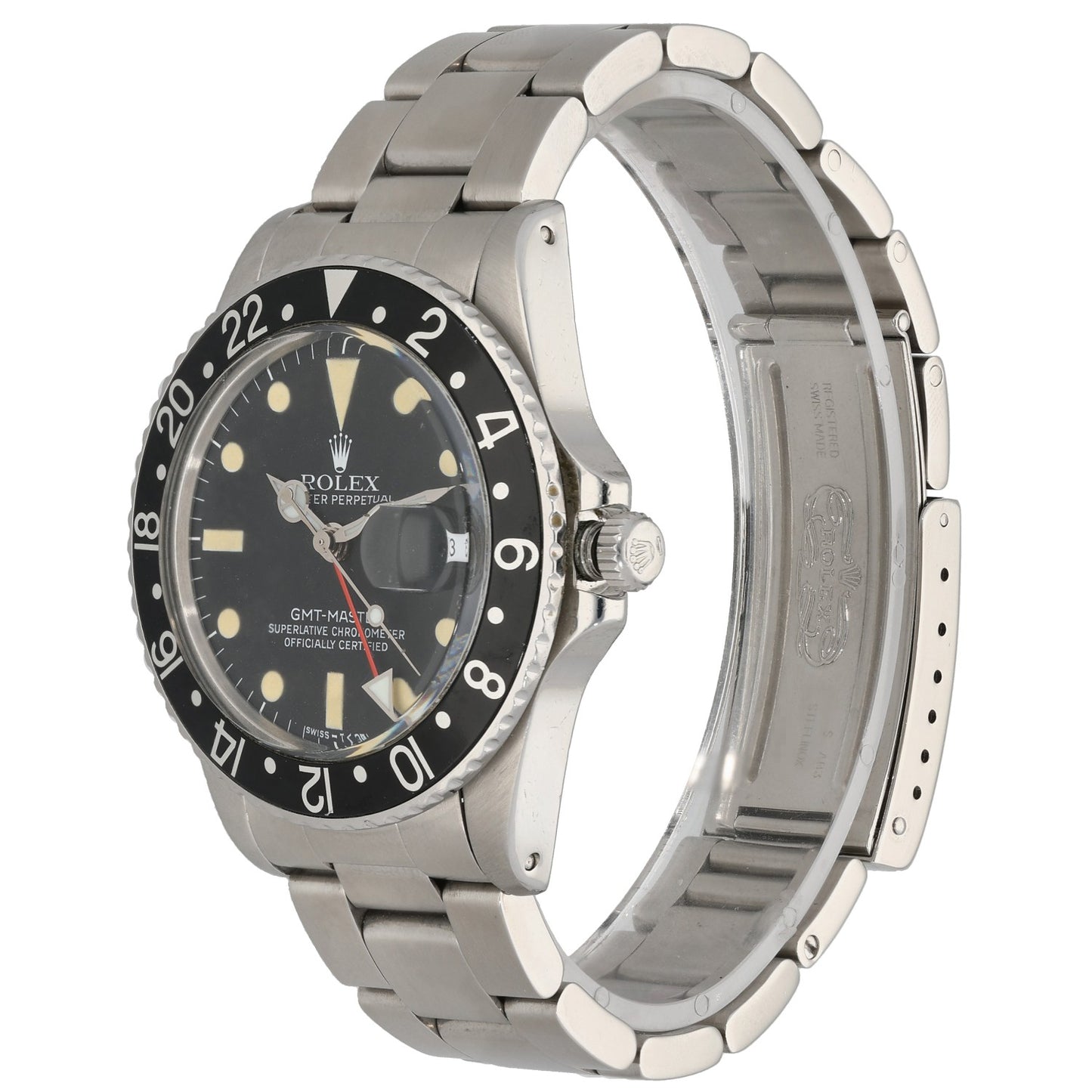 Stainless steel GMT-Master watch, side view with black dial and metal link bracelet