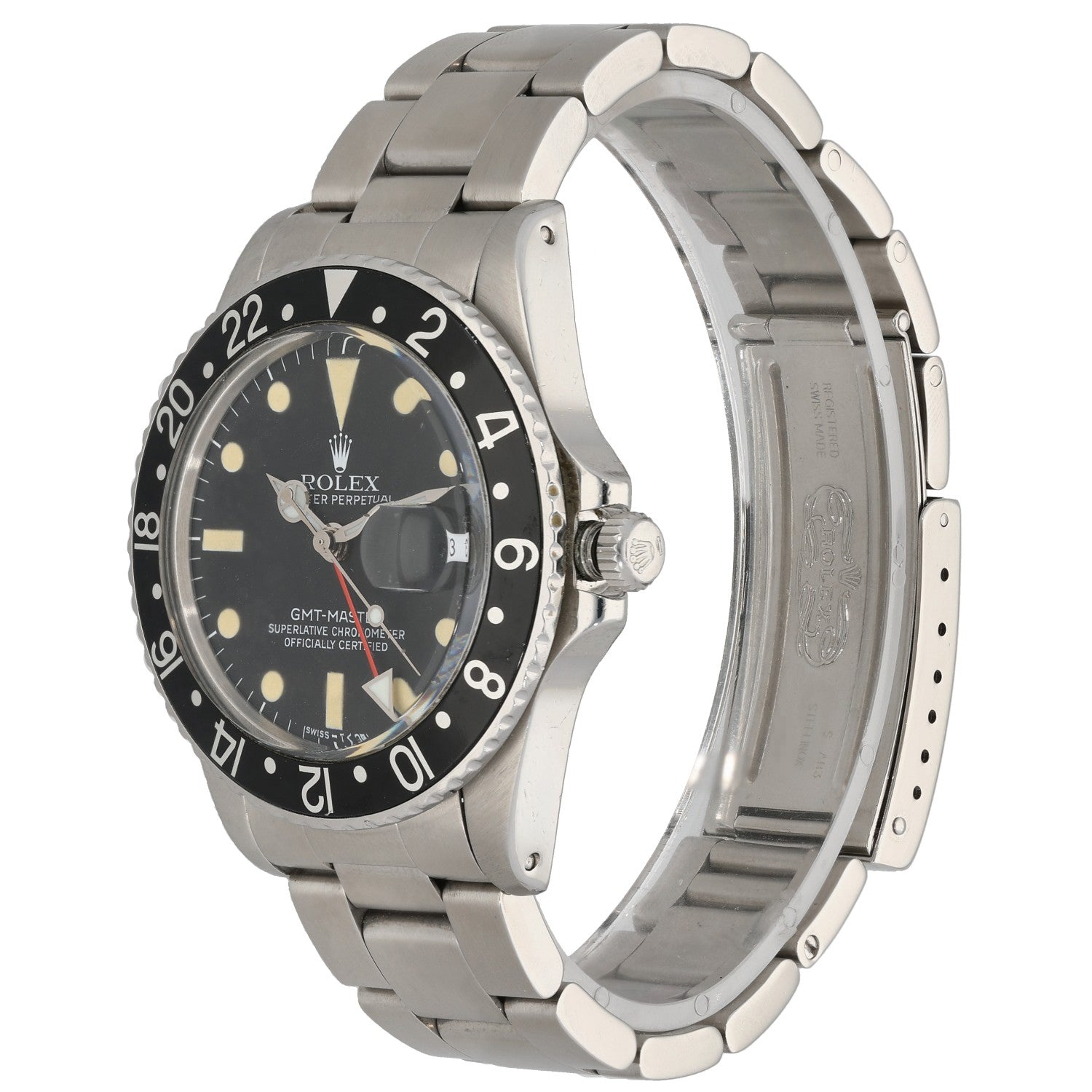 Stainless steel GMT-Master watch, side view with black dial and metal link bracelet