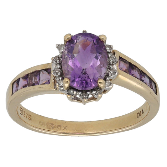 9ct Gold Amethyst & 0.07ct Diamond Dress/Cocktail Ring Size N
