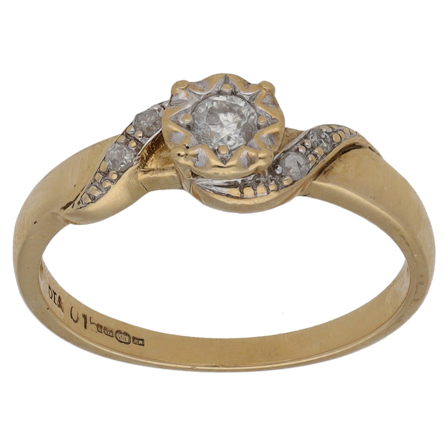 9ct Gold 0.15ct Diamond Solitaire Ring With Accent Stones Size M