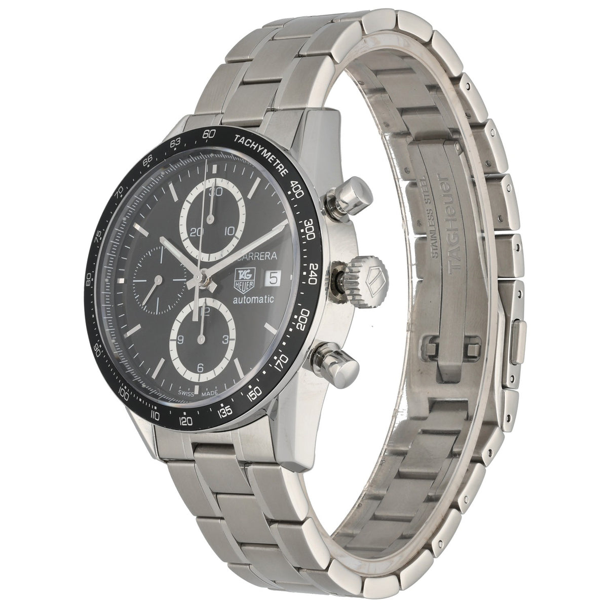 Tag Heuer Carrera CV2010, black dial with tachymetre bezel, front angle