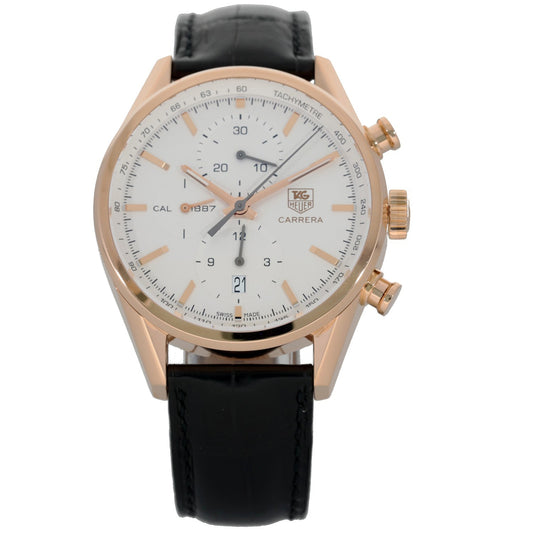 Tag Heuer Carrera CAR2140, white dial inside 18ct gold 41mm case with black adjustable leather bracelet