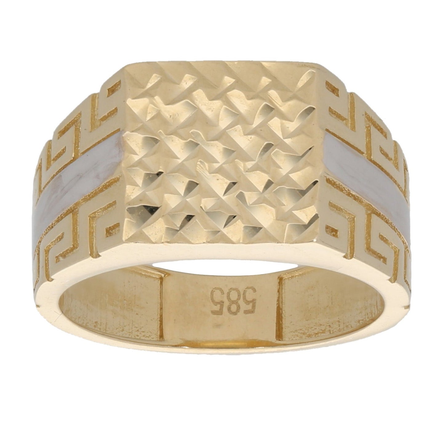 14ct Bi-Colour Gold Patterned Greek Key Signet Ring