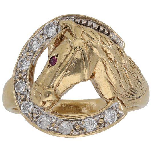 9ct Gold Ruby & Cubic Zirconia Horse Ring Size X