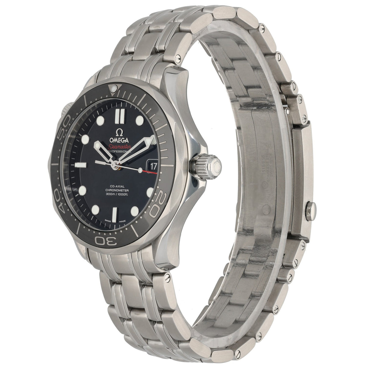 Omega Seamaster Diver 212.30.41.20.01.003 , black bezel and dial with stainless steel case and link bracelet, front angle