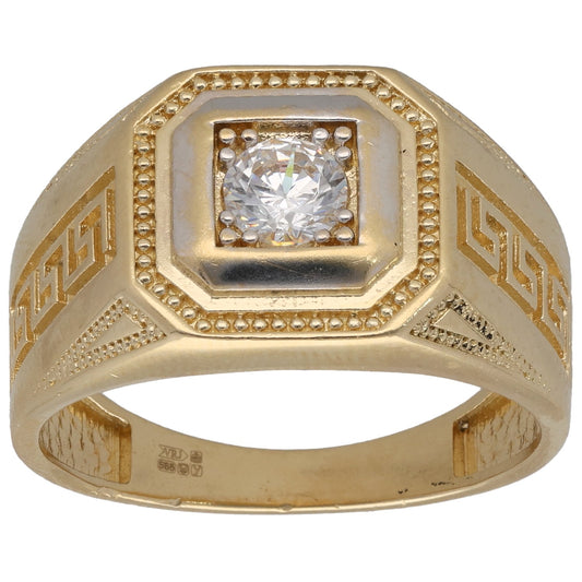 Gold signet ring with square clear CZ center and engraved Greek-key side panels