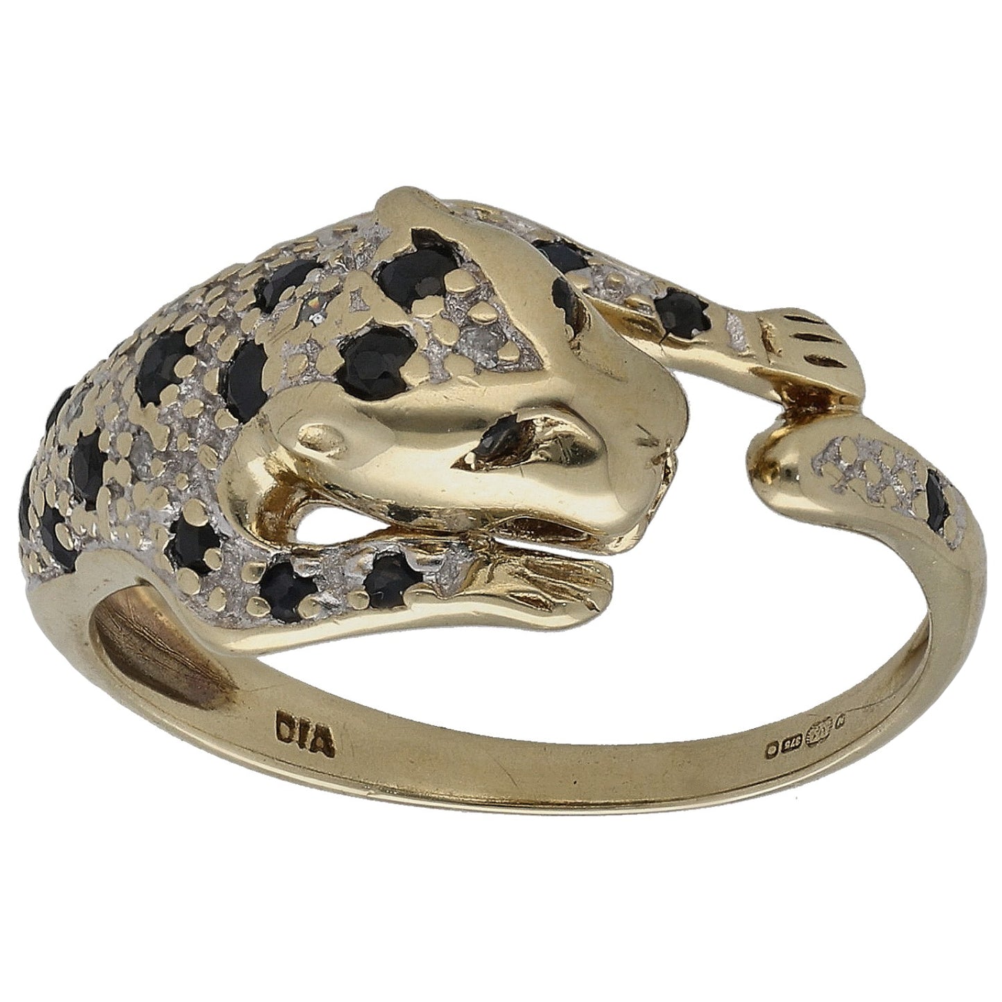 9ct Gold Sapphire & 0.025ct Diamond Panther Ring Size N