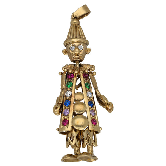 Gold-tone clown doll character pendant with multicolor gemstone accents and top bail