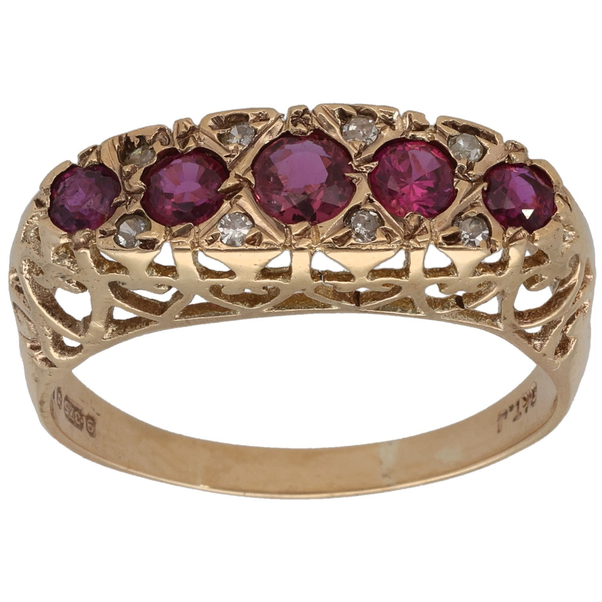 9ct gold ruby and round diamond cocktail ring with openwork basket, size U