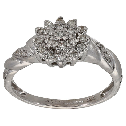 9ct white gold round diamond cluster ring with prong-set stones on top