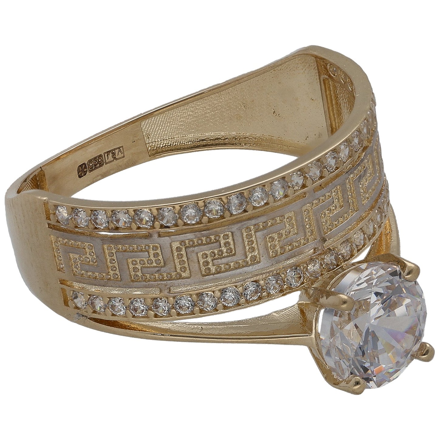 New 14ct Gold Greek Key Single Stone Cubic Zirconia Ring