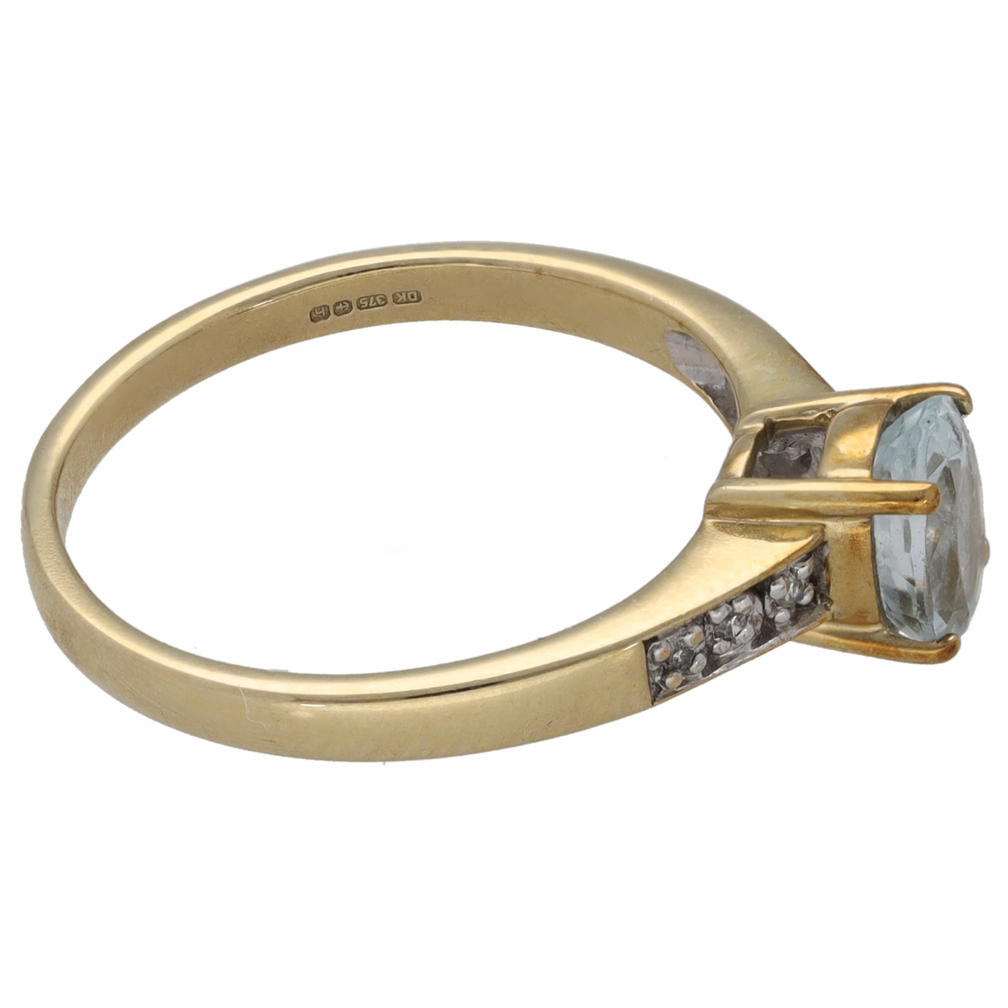 9ct Gold Aquamarine & 0.03ct Diamond Single Stone Ring With Accents Size N