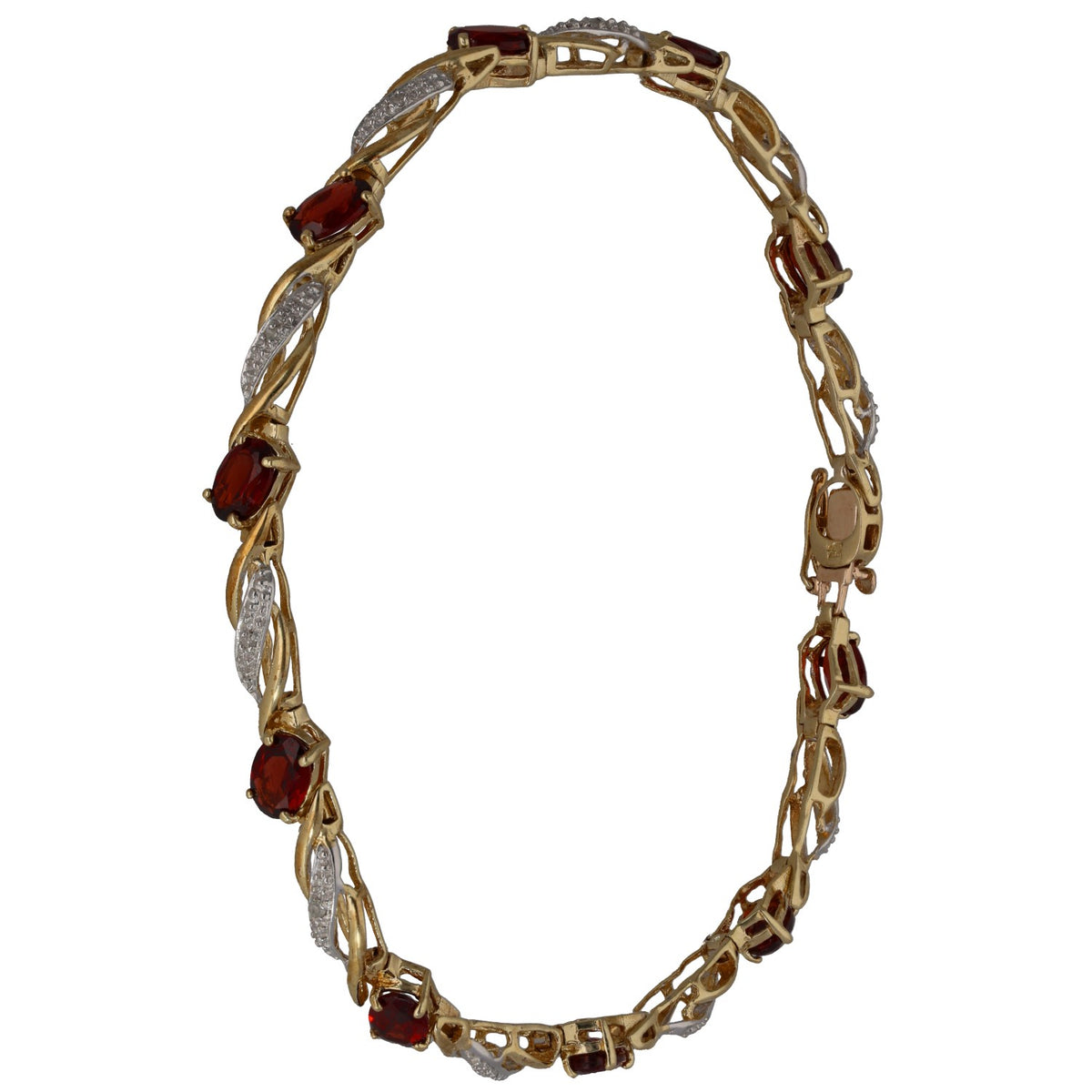 Gold link bracelet with alternating round red garnet stones and diamond accents.