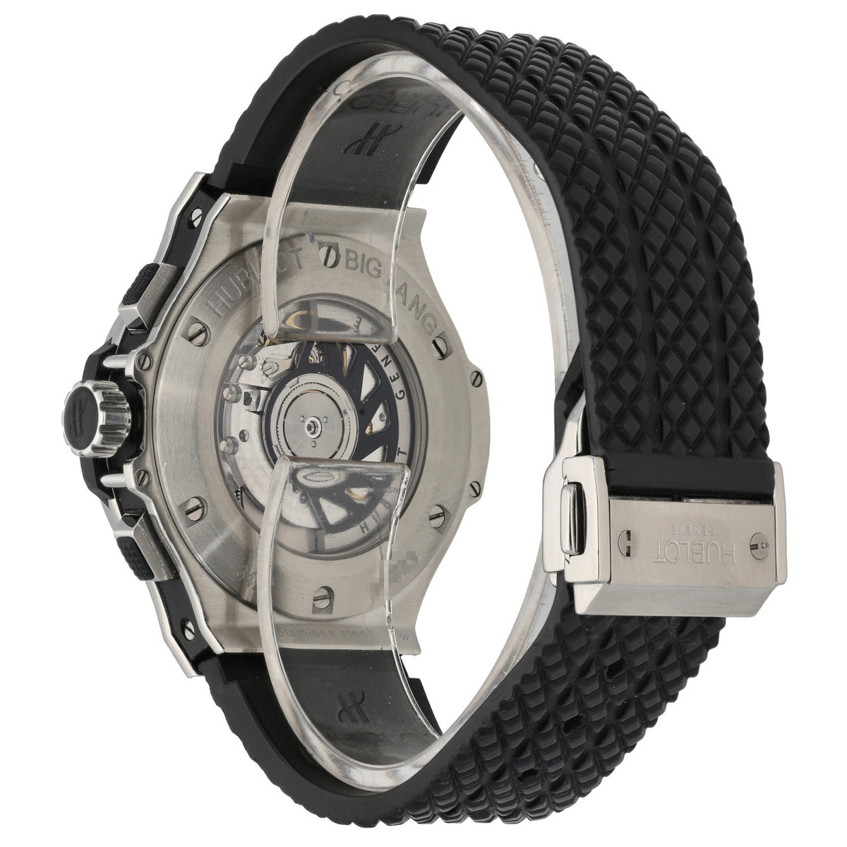 Hublot Big Bang 342.SX.130.RX.114. stainless steel case with black rubber bracelet, rear angled image