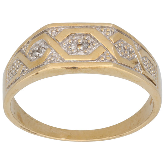9ct Gold 0.03ct Diamond Patterned Signet Ring Size Z