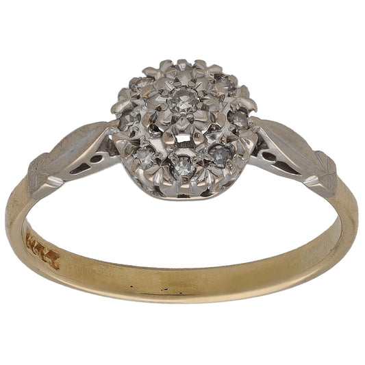 Bicolour gold round diamond cluster ring with leaf-style shoulders