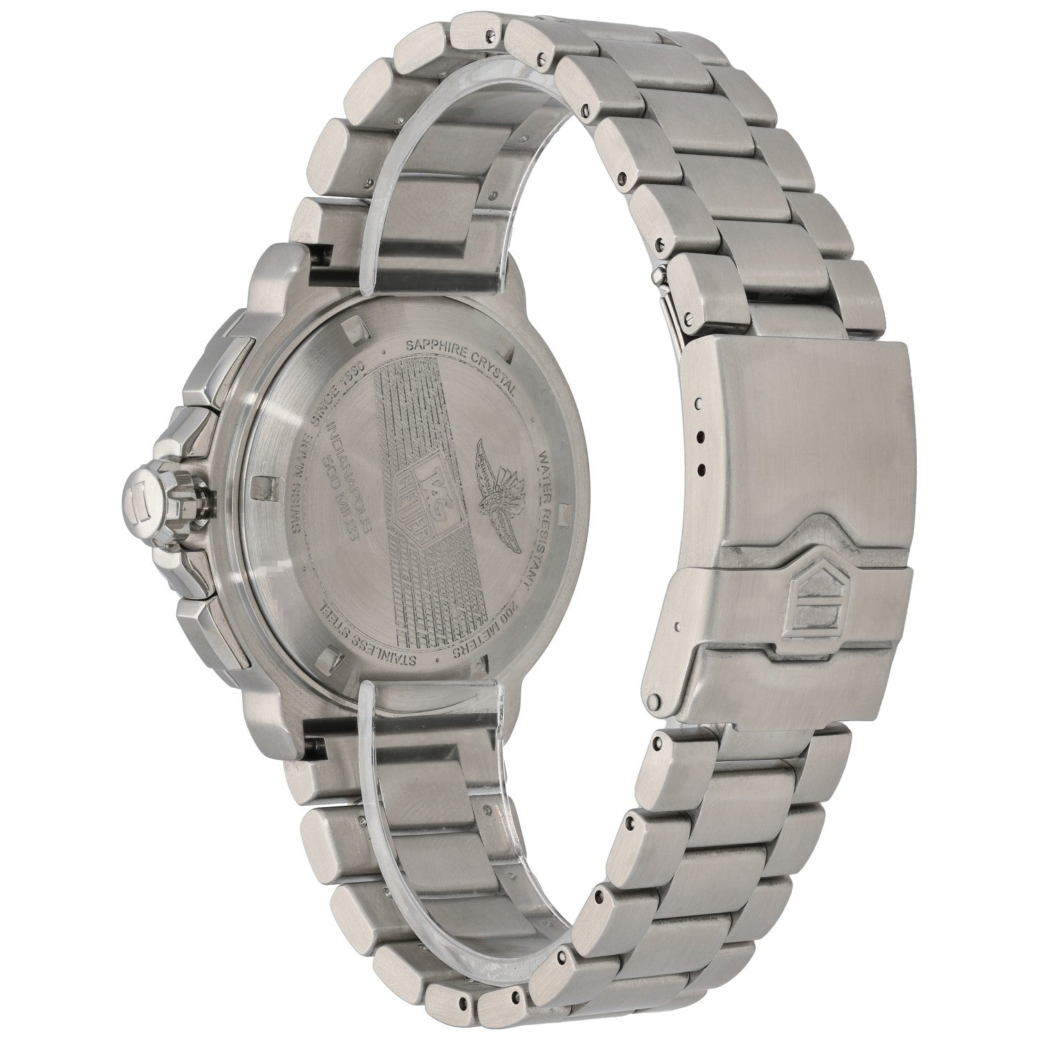 Tag Heuer F1 cah101a stainless steel watch caseback, engraved details, steel bracelet
