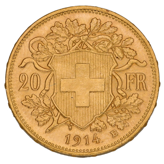 22ct Gold Helvetia Swiss 20 Francs Coin 1914