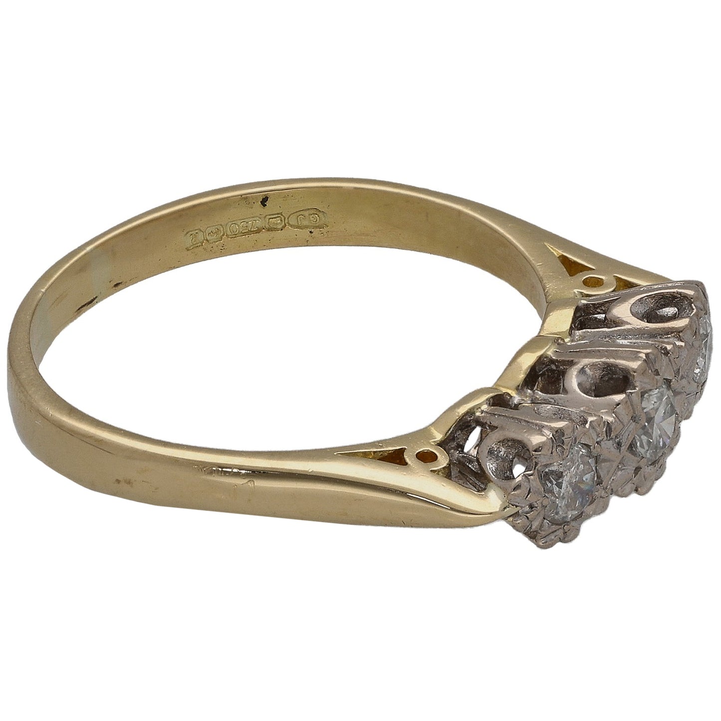 Bicolour gold ring side view with round diamonds in prong settings and band engraving