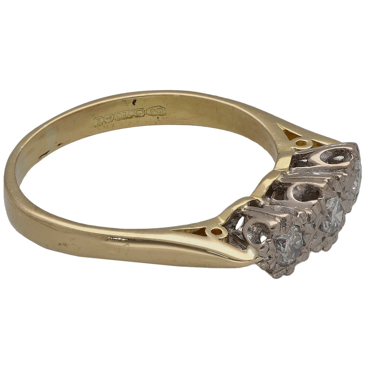 Bicolour gold ring side view with round diamonds in prong settings and band engraving