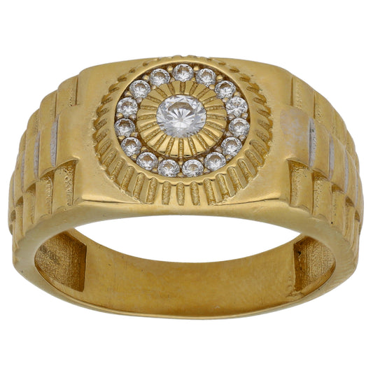 14ct Bi-Colour Gold Cubic Zirconia Patterned Signet Ring Size X