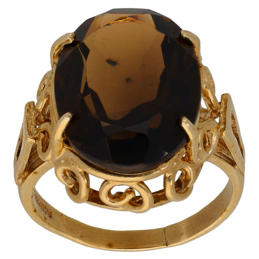 9ct gold ring with large smoky quartz single oval stone and ornate prongs