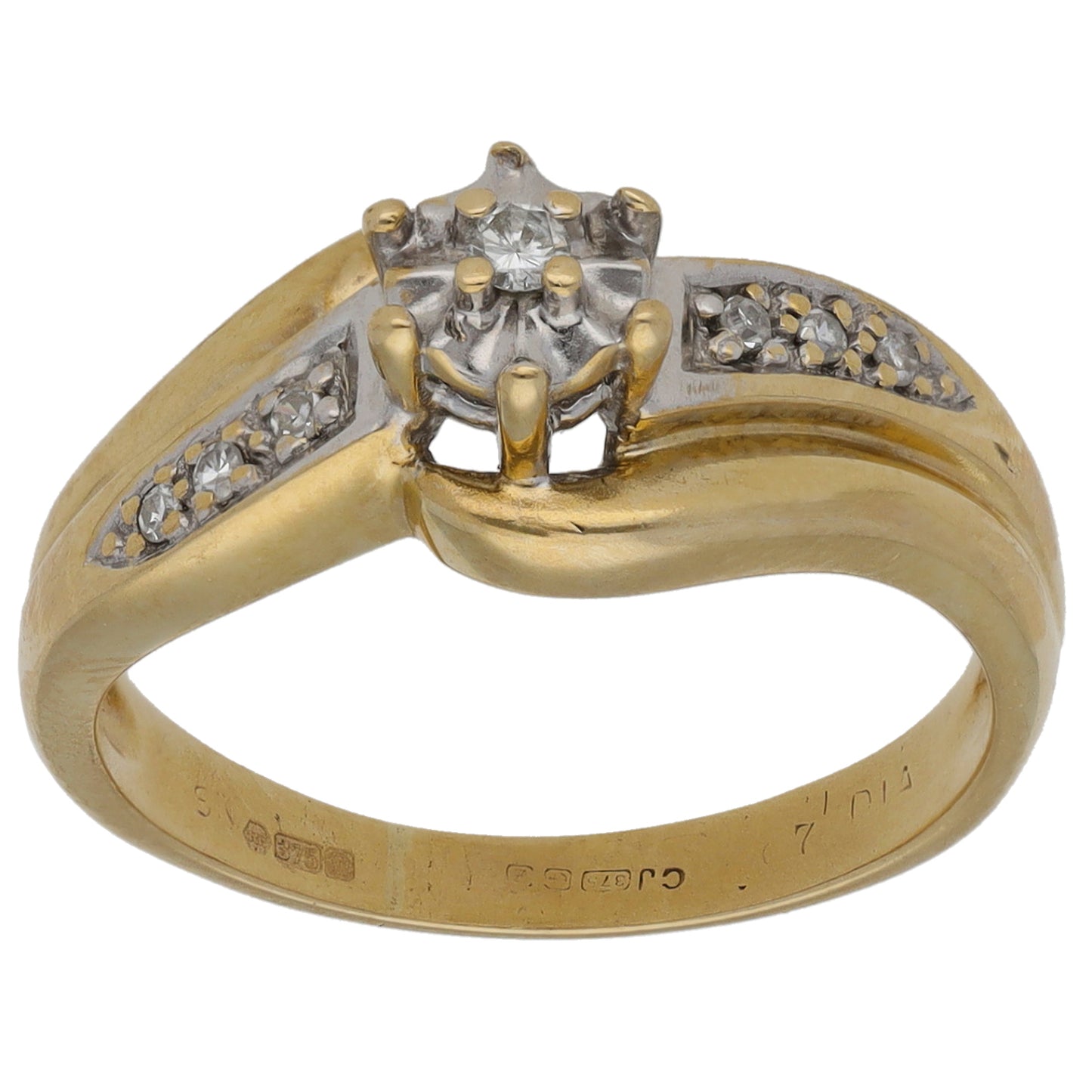 9ct Gold 0.08ct Diamond Solitaire Ring With Accent Stones Size M