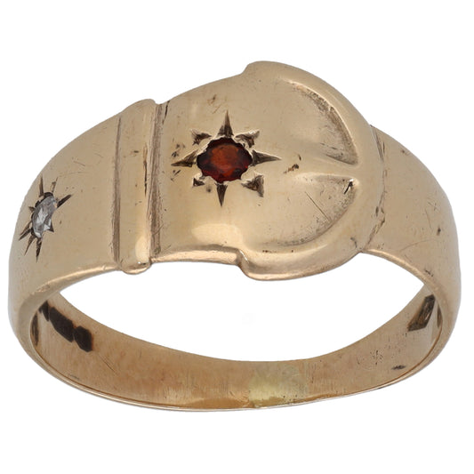 9ct gold ring with star-set red garnet center and CZ accents on raised band
