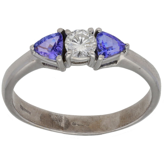 18ct White Gold 0.35ct Diamond & Tanzanite Trilogy Ring Size Z