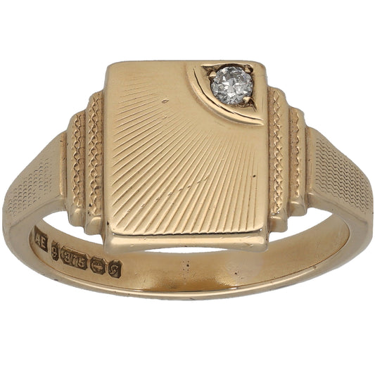 9ct Gold Cubic Zirconia Patterned Single Stone Signet Ring Size U