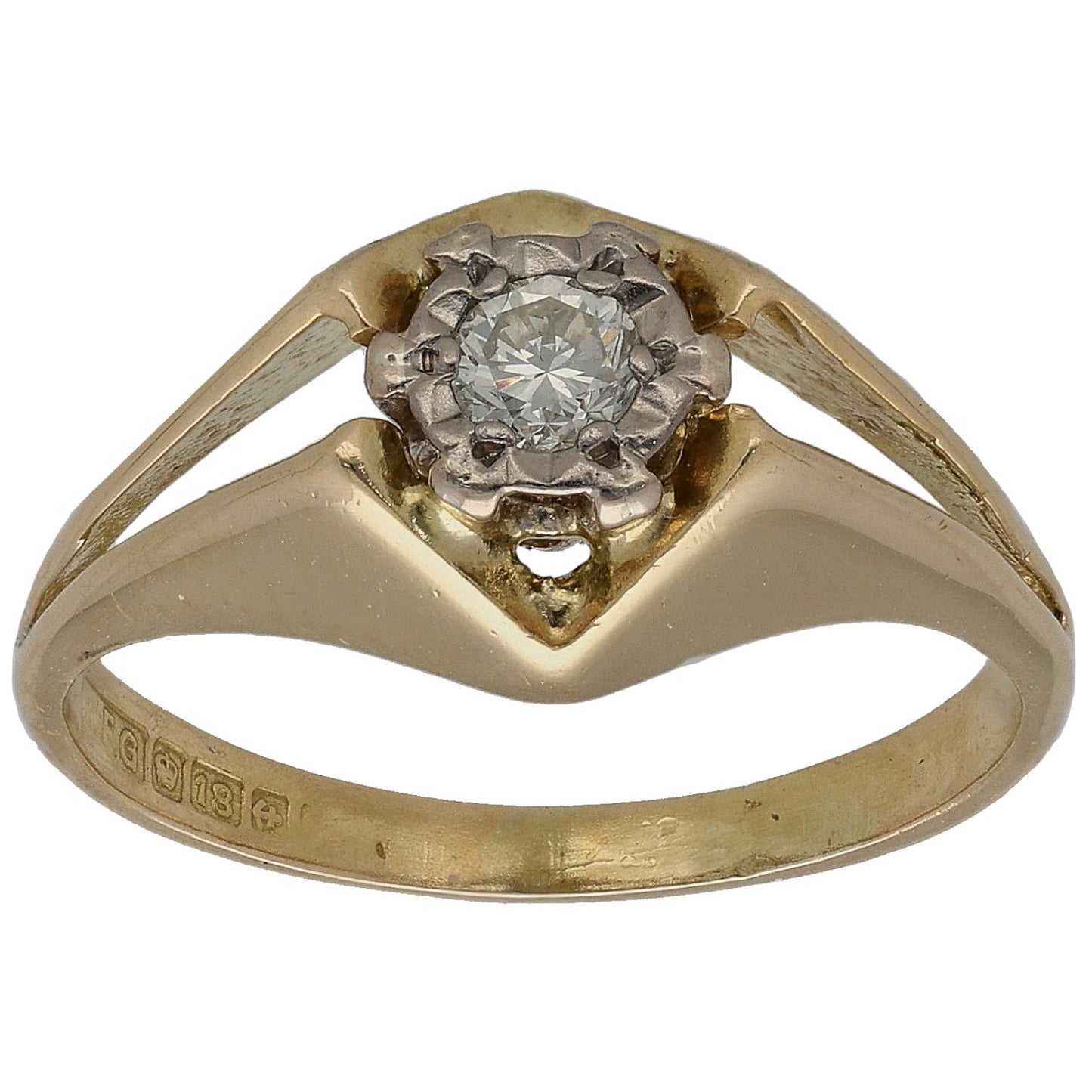 Gold solitaire ring with round diamond in four-prong setting, curved engraved band