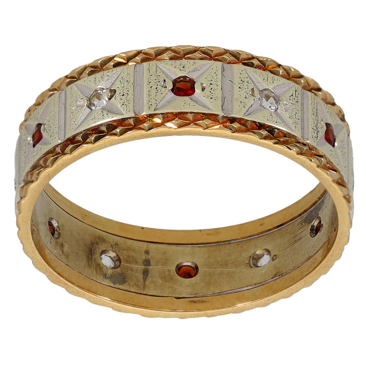 Bicolour gold wedding ring, textured weave edge with red garnet and clear CZ stones