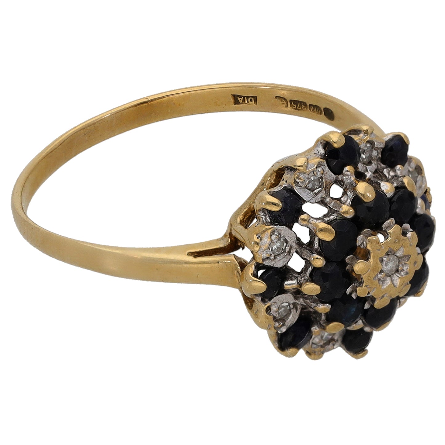 9ct Gold Sapphire & 0.045ct Diamond Cluster Ring Size N