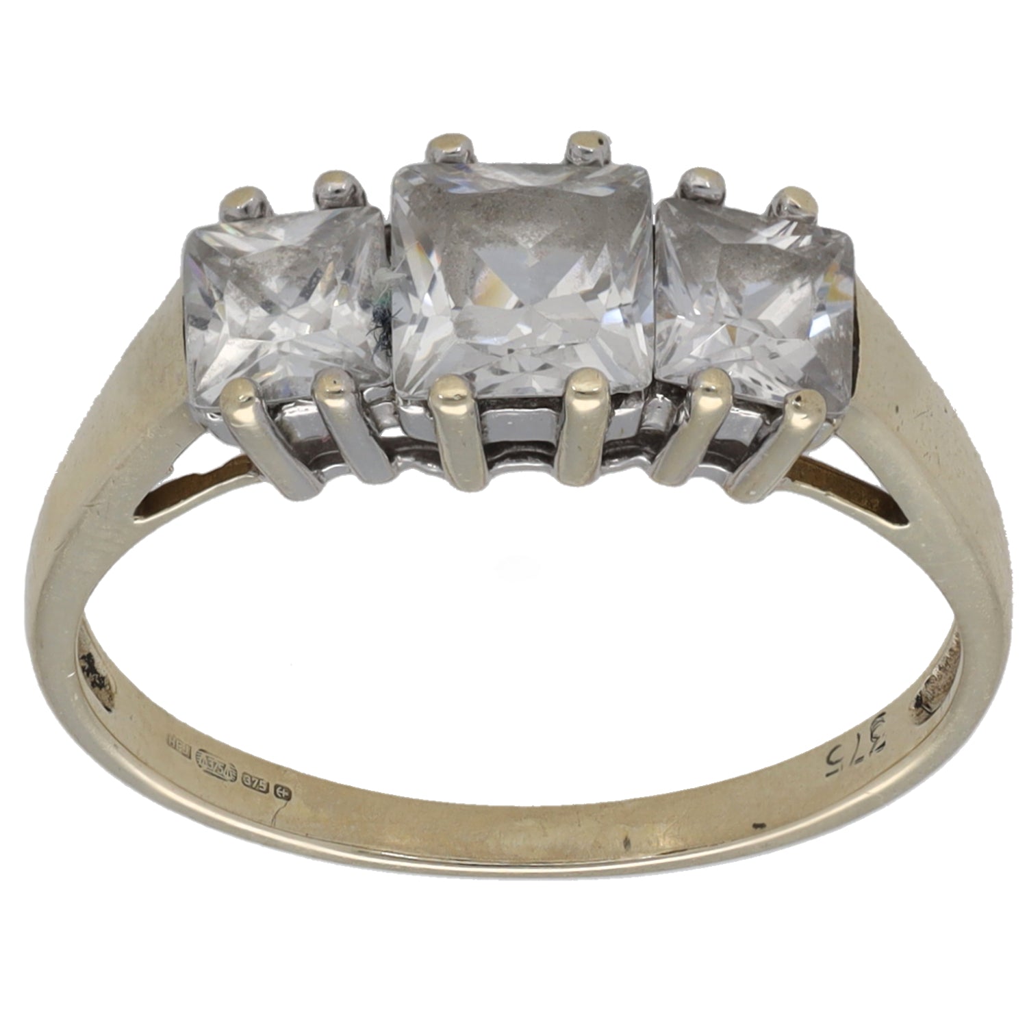 Gold-tone three-stone CZ ring with three square-cut stones in prong settings