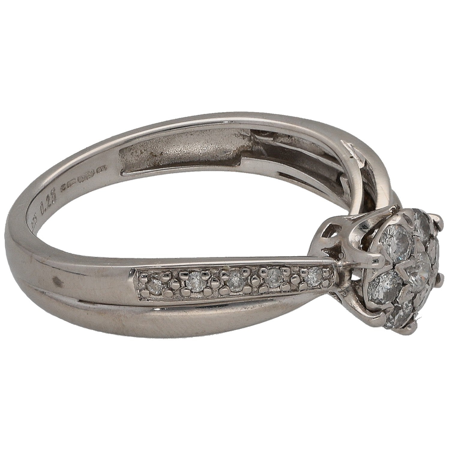 White gold diamond cluster ring with round stones, side view