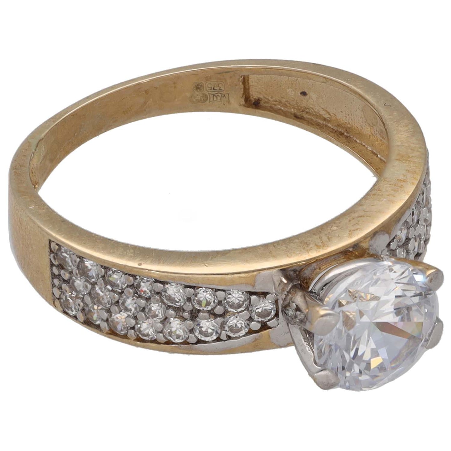 9ct Gold Cubic Zirconia Single Stone Ring With Accents Size M