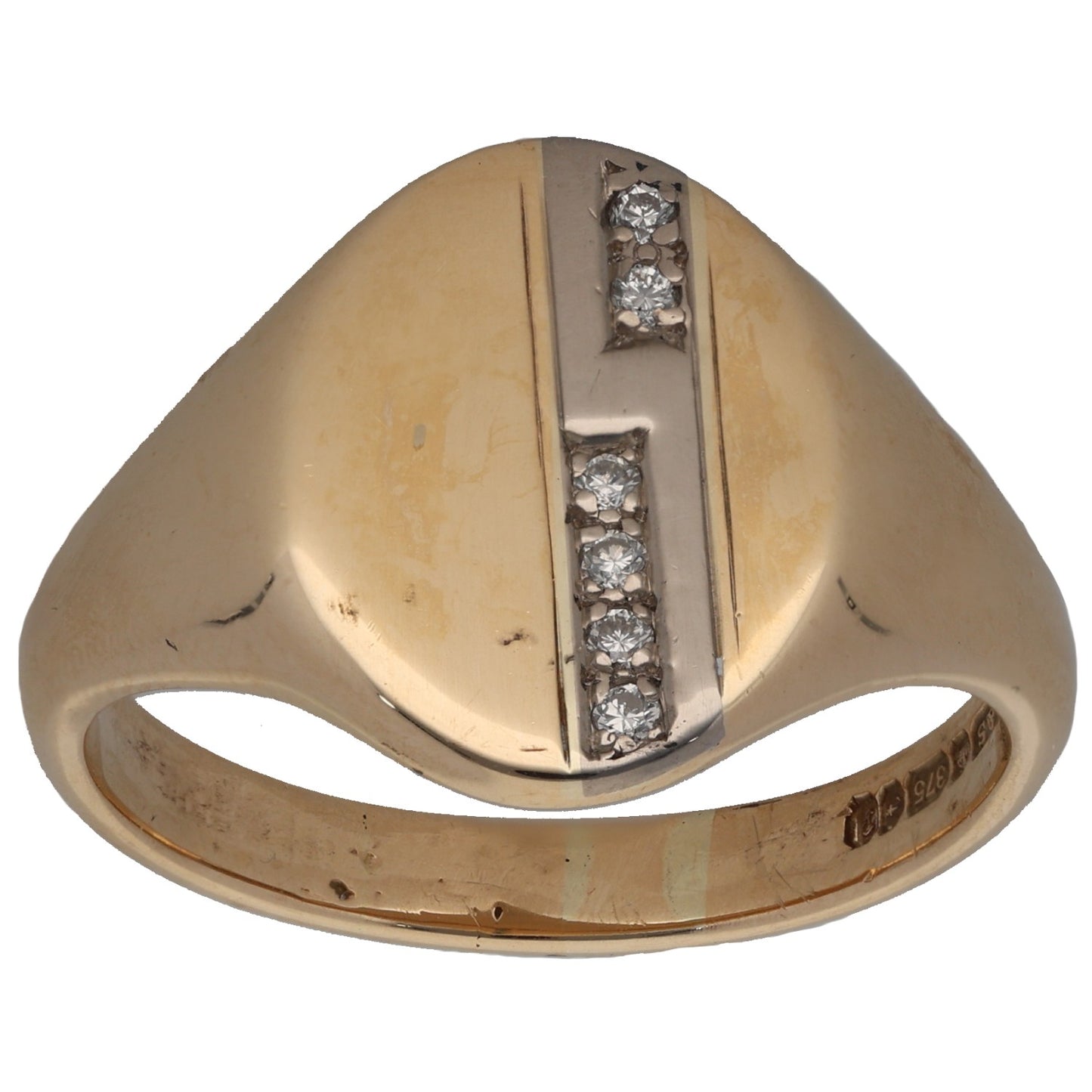 9ct Bi-Colour Gold 0.06ct Diamond Patterned Signet Ring Size V