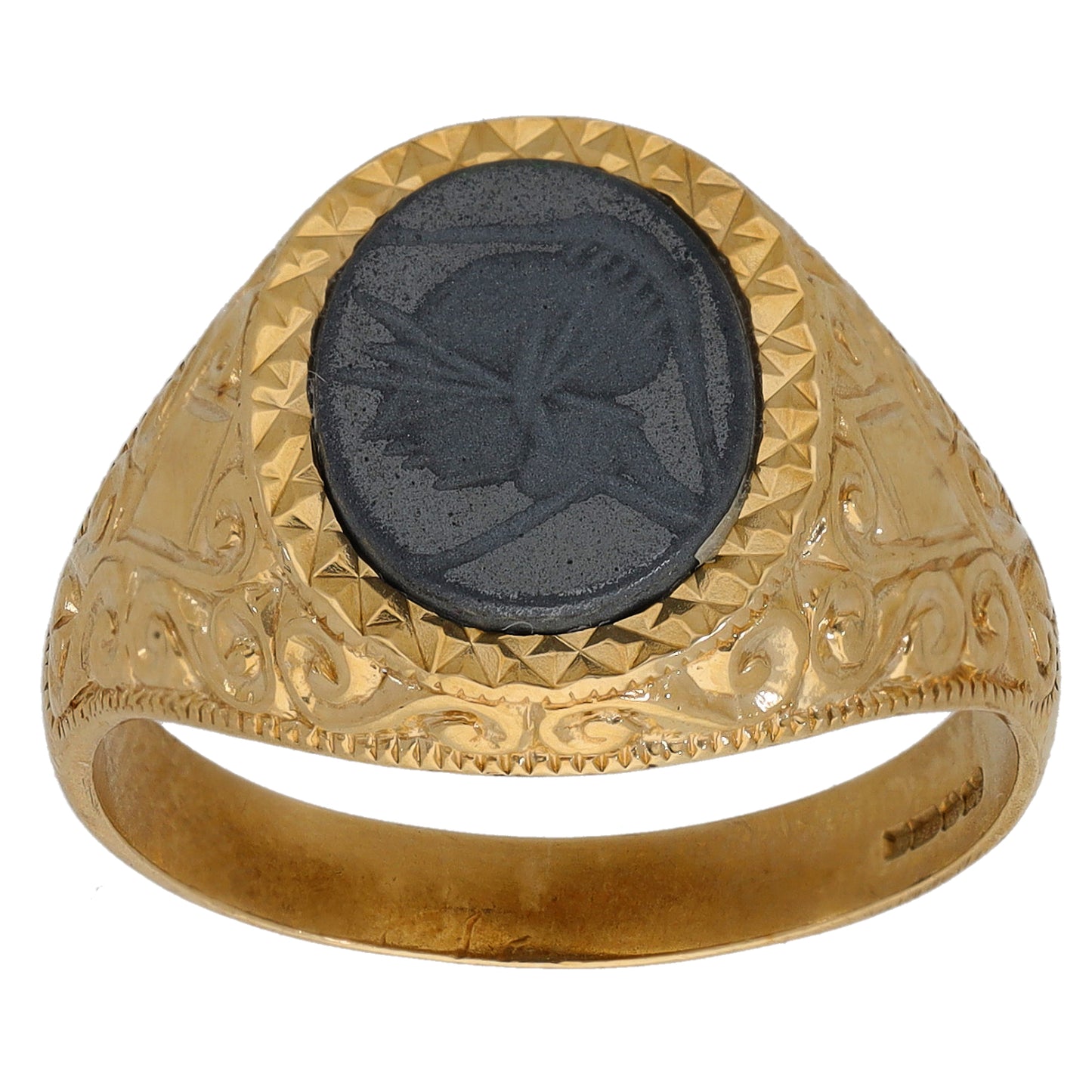 9ct gold crest signet ring with dark hematite oval face and textured bezel