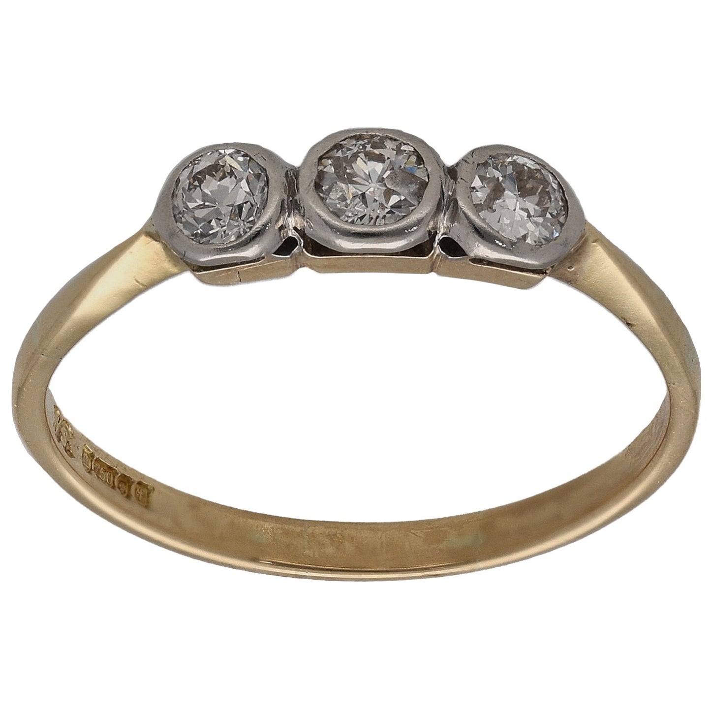 18k yellow gold three-stone ring with three round diamonds in claw settings